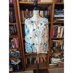 INC silky satin watercolor like poet sleeve blouse sz m euc